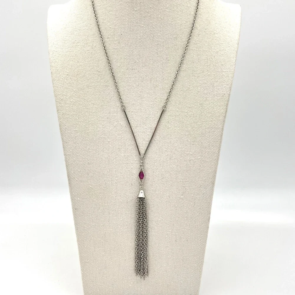 Sarah Coventry Vintage Silver Tone Pink Rhinestone Strand‎ Tassel Y Necklace